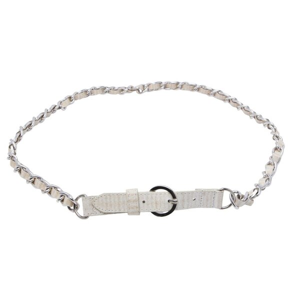 Skinny Faux Leather Chain Belt Silver Cream Adjustable Casual - Picture 1 of 5